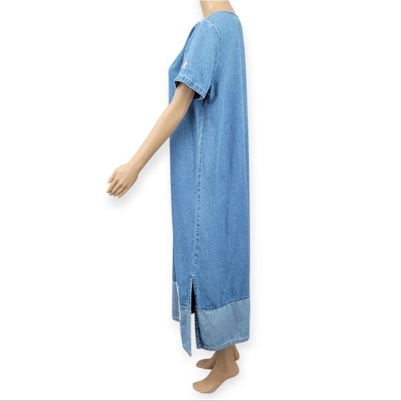 Bleu Bayou Vintage 90s Denim Dress with Daisy Patchwork Embroidery Cottagecore - Picture 2 of 10